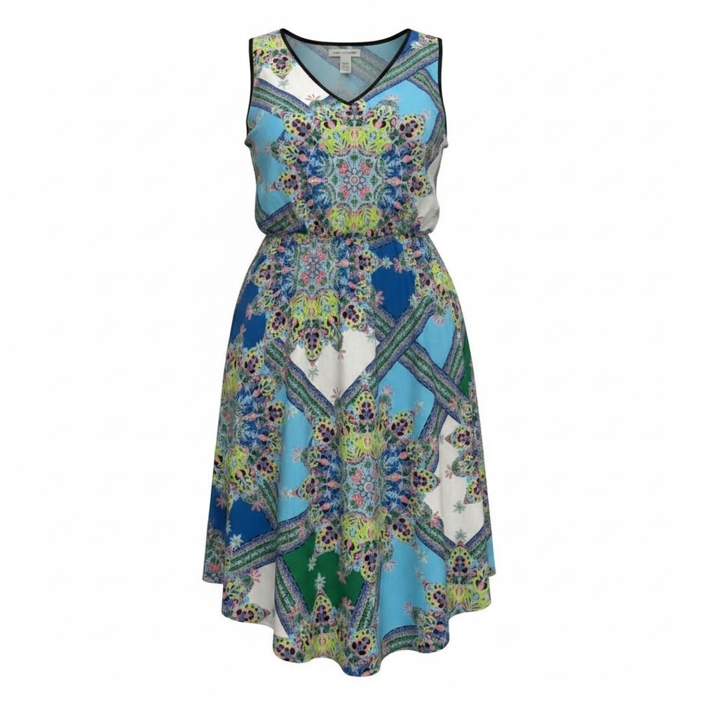 London Style Collection Woman Dress 20W Blue Geometric Sharkbite Sleeveless